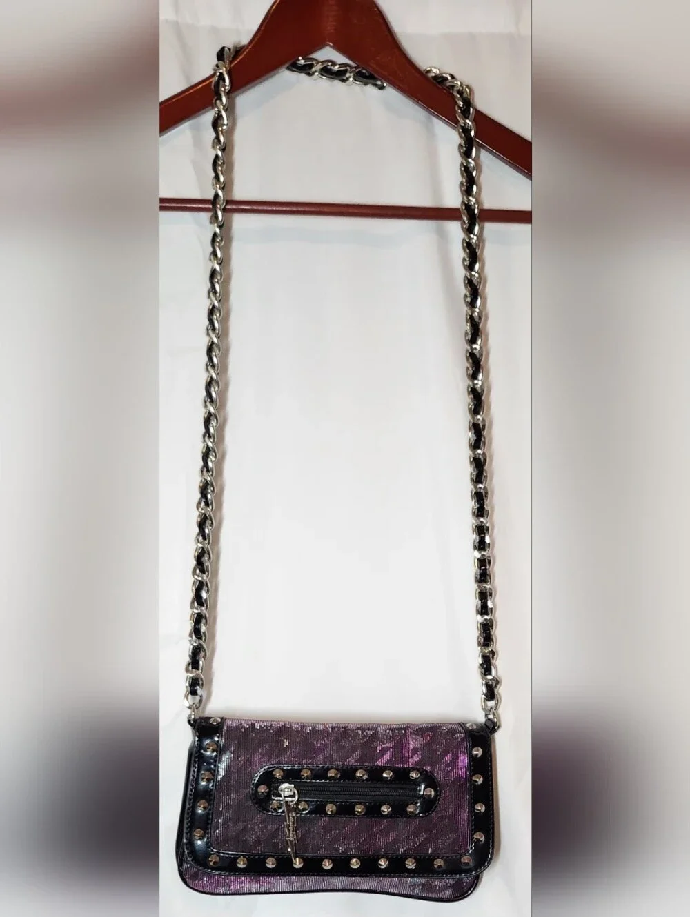 Y2K Betseyville Crossbody Chain Purse Metal Studs Rocker Purple Pink Shimmer